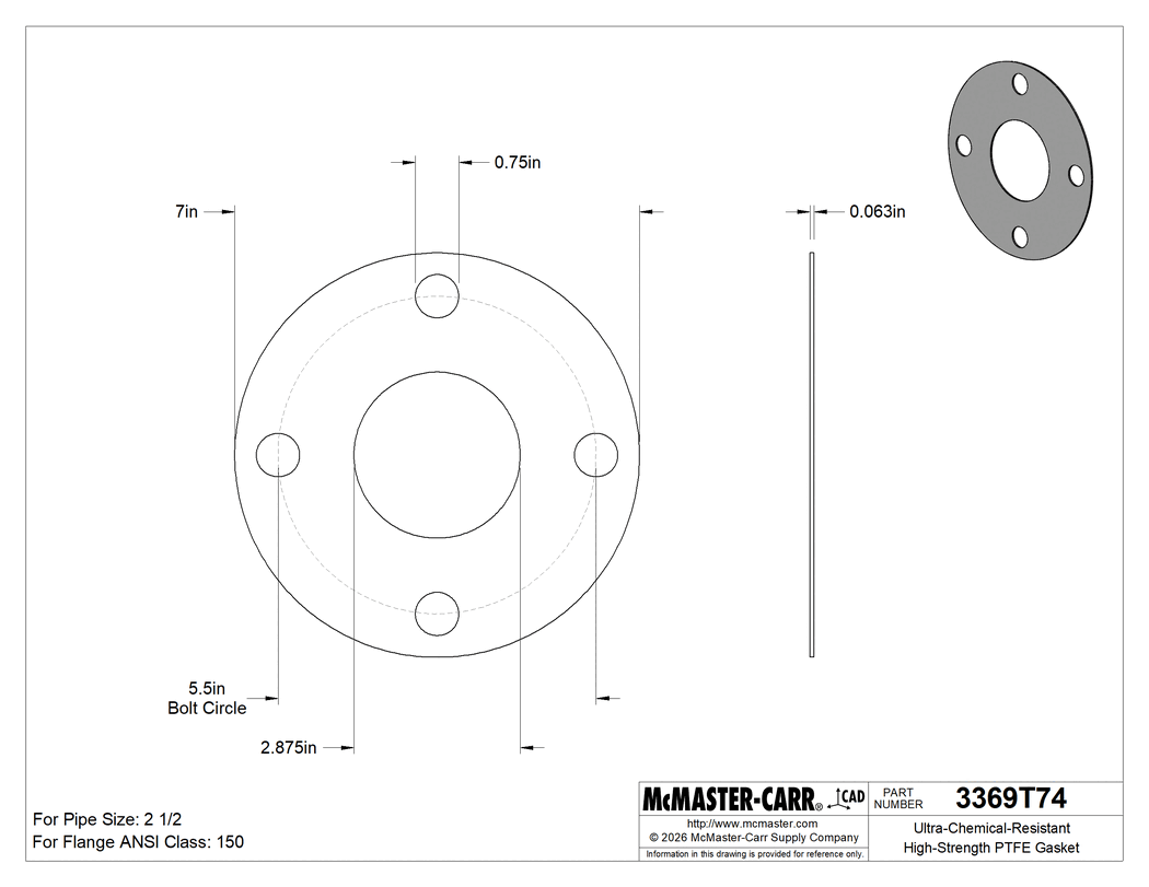 Technical Drawing of Ultra-Chemical-Resistant High-Strength PTFE Gasket, with Bolt Holes, for 2-1/2 Pipe Size, ANSI Class 150.